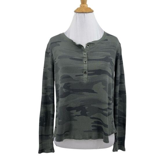 Splendid Blouse Womens XS Extra Small Camo Forever Waffle Knit Henley Cropped - Picture 1 of 12